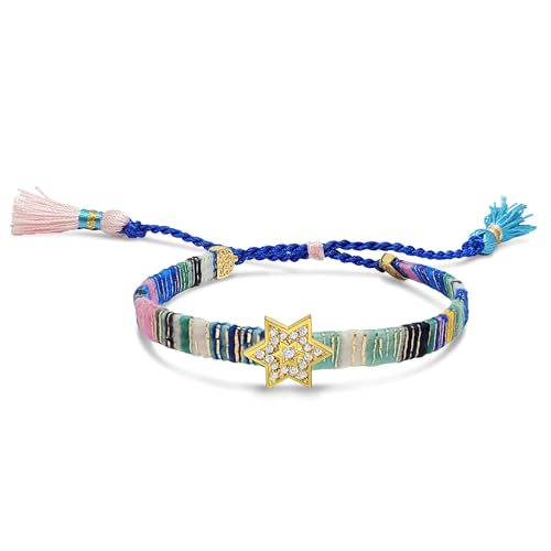 Alef Bet by Paula Macrame Friendship Bracelet in Shades of Blue with Gold-plated Jewish Star of David Charm