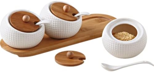 Set of 3 Condiment Jars With Lids And Spoons, Kitchen Canisters Set of 3 With Tray, Condiment Container Seasoning Box, Ceramic Sugar Coffee Tea Spice Jars, Condiment Pots 6oz/177ML