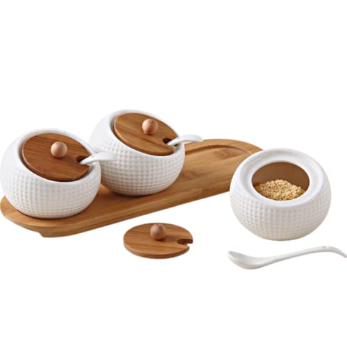 Set Of 3 Condiment Jars With Lids And Spoons, Kitchen Canisters Set Of 3 With Tray, Condiment Container Seasoning Box, Ceramic Sugar Coffee Tea Spice Jars, Condiment Pots 6Oz/177Ml #TOP21