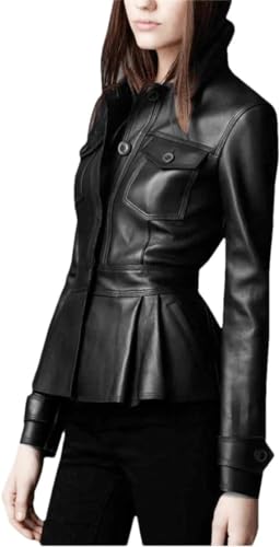 Lambskin Women’s Peplum Single Breasted Black Leather Flared Jacket For Motorcycling Partywear
