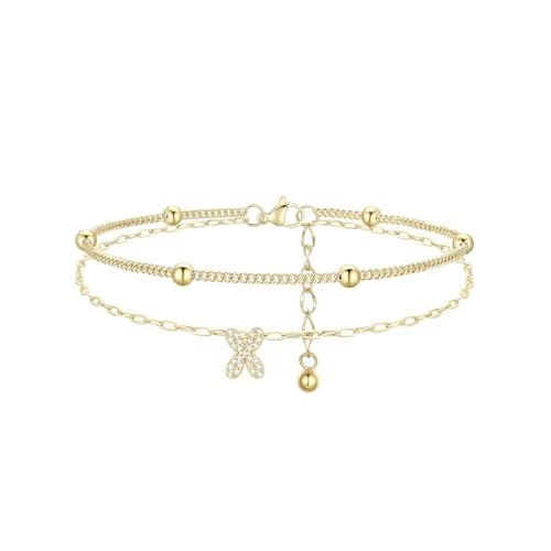 FindChic Initial Anklet for Women, Silver/Gold Plated Layered Beaded Ankle Bracelet with Cubic Zirconia Initial Charm, Adjustable Waterproof Non-Tarni