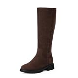 VIUGJNEX Knee High Boots for Women Platform Flat Tall Chocolate Brown Suede Boots Low Heel Round Toe Womens Riding Boot Lug Sole Long Fall Boot Size 8