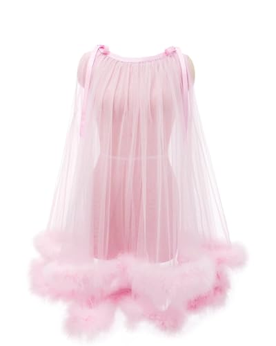 Sexy Tulle Feather Robe Sheer Mesh Fur Illusion Robe Nightgown Bridal Lingeries Gift Women Feather Trim Dress Pink Larege