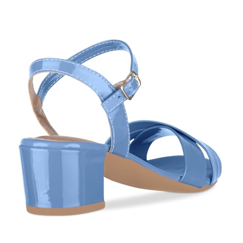 Sandália Feminina Salto Bloco Baixo Fivela Tiras Cruzadas (Azul, BR, Adulto, Numérico, M, 37)