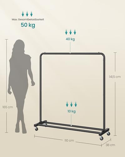 SONGMICS Kleiderständer, Kleiderstange auf Rollen, Garderobenständer, 2 Rollen mit Bremse, Schlafzimmer, bis 50 kg belastbar, 38 x 110 x 141,5 cm, tintenschwarz HSR016BH01