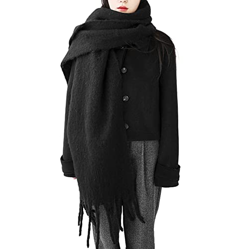 (Premium) Large Chunky Scarf Colorful Cashmere Feel Oversized Scarves Blanket Soft Big Wool Shawl Thick Winter Warm Women (black)