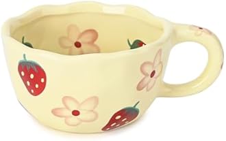 Koythin Ceramic Coffee Mug, Cute Floral Fruit Cup, Couple Mugs 8.5 oz/ 250 ml for Latte Tea Milk, Suitable for Mom on Mother's Day (Strawberry Flowers)