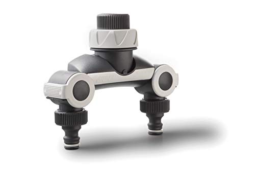 GF Garden, ¾ inch 2-weg waterkraanstopcontact, dubbele uitgang, met regeling van de waterstroom, voor het aansluiten van meerdere irrigatieaccessoires, kleur taupe