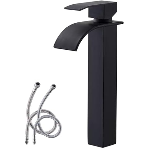 UFaucet Black Vessel Sink Faucet, Matte Black Tall Waterfall Bathroom Faucet Single Handle One Hole Stainless Steel Mixer Tap Bowl Lavatory Vanity Faucet, Rv Sink Camper Farmhouse Faucet Cover