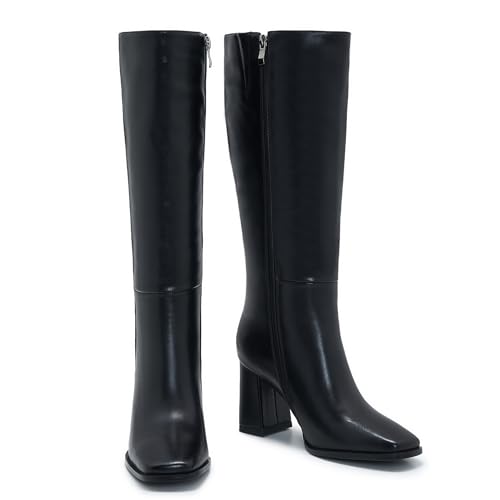 Wide Calf Knee High Boots for Women – Tall Fashion Boots with Side Zipper, Square Toe, Chunky Heel, Faux Leather Long Boots2