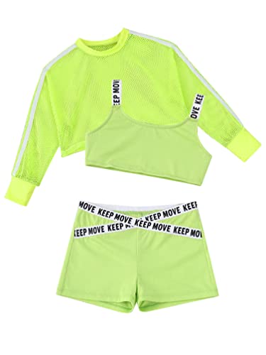 Kids Girls 3 Pieces Outfit Hip Hop Dance Clothes Cropped Hoodie Tank Top Jogger Pants Set Jazz Streetwear Tracksuit Fluorescent Green 6 Years