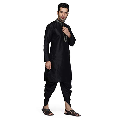 Kurta Salwar ropa india de hombre conjunto de mezcla de seda negro 42 4