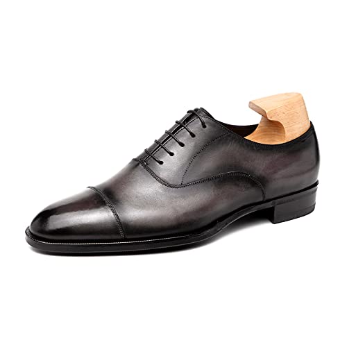 Classic Oxford for Men Hand Made Custom Genuine Full Grain Leather Burnished Cap Toe Dress Shoes Block Heel Lace up Hand Stitching2