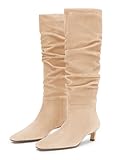 Coutgo Womens Slouchy Knee High Boots Low Kitten Heel Square Toe Tall Boots Fall Winter Shoes, Nude, Size 8