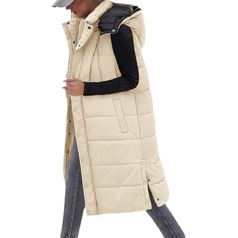 VXVGER Long Puffer Vest Women With Hood Sleeveless Down Vest Warm Jacket Winter Coat With Pockets,Khaki,M Cover