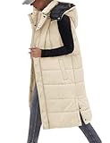VXVGER Long Puffer Vest Women With Hood Sleeveless Down Vest Warm Jacket Winter Coat With Pockets,Khaki,M