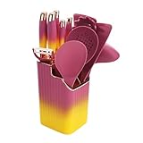 KUWHSIOP Silikon-Kochutensilien-Set mit Farbverlauf und Halterung, Antihaft-Küchenutensilien-Set – 7 Kochutensilien und 5-teiliges Messerset,Rosa