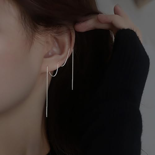 Brincos prateados de corrente longa, brincos de linha de puxar, brincos de corrente de borla, brinco