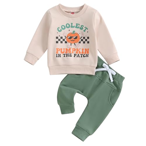Karuedoo Toddler Baby Boy Girl Halloween Outfit Letter Cartoon Pumpkin Checkerboard Long Sleeve Sweatshirt Top and Pants Set