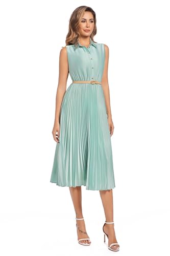 Image of Elegant Satin Midi Dress for Women Slim Long Belted Formal Business Work Casual Dresses
