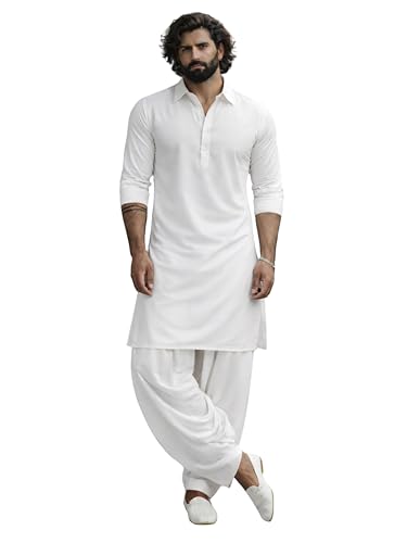 Image of VASTRAMAY Men's Black and White Viscose Pathani Kurta Set, Traditional Pathani Khan Suit Set in Viscose Fabric, and Salwar Patiala Pyjama for Weddings & Festival, Ethnic Outfit | Independence Day