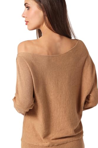 Image of Minnie Rose Womens Long Sleeve Off The Shoulder Cotton Cashmere Pull Over Sweater