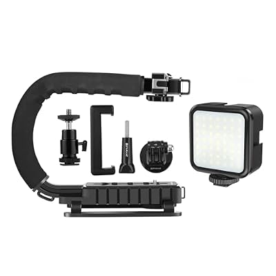 PULUZ U/C Shape Video Action Stabilizing Handle Grip Handheld Stabilizer Kit with Phone Clamp + LED Studio Light for Canon Sony Nikon Cameras and Home DV Camera Smartphones