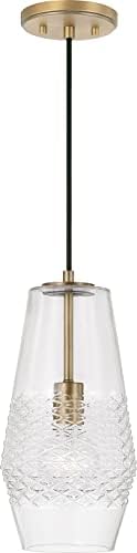Capital Lighting 345011AD Dena Transitional Geometric Diamond Embossed Glass Pendant Ceiling Light Fixture, 1-Light 100 Watt, 14" H x 7" W, Aged Brass