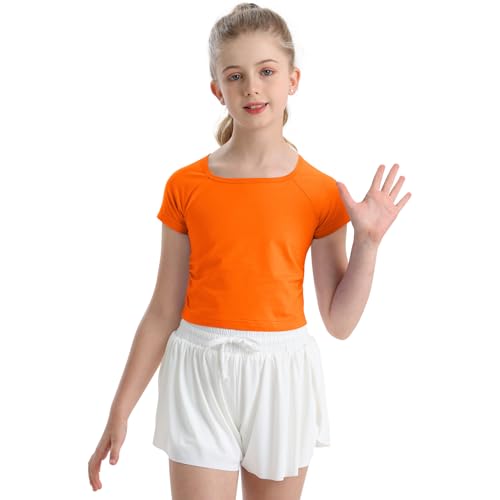 QBK 6Years to Youth Girls Crop Top Tee Shirts Short Sleeve Square Neck Cotton Basic Summer Tops Fitted T Shirt for Girls