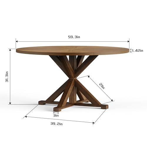 Image of 59 inch Solid Wood Round Dining Table for 6-8, Wooden Trestle Pedestal Base, Rustic Round Dining Room Table for Home Dining Room, Kitchen, Living Room