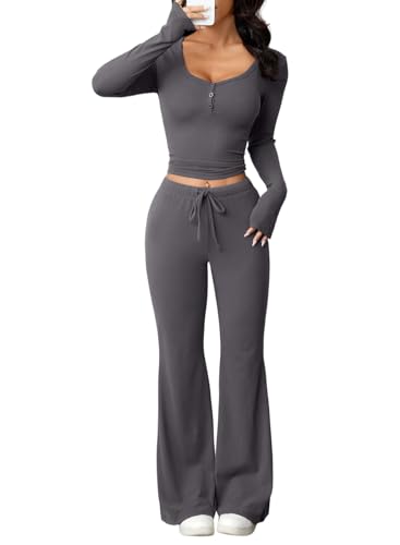 Herseas Women's 2 Piece Outfits Long Sleeve Button Down Tops Flared Pants Tracksuits Casual Lounge Set