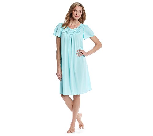 Miss Elaine Women's Tricot Short Flutter Sleeve Nightgown, Aqua Marine, Large