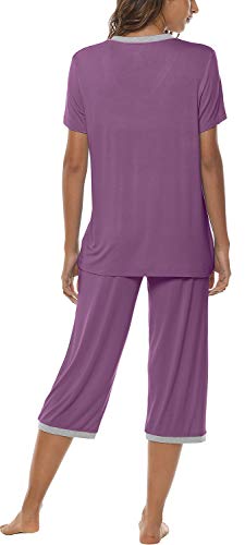 Image of JINSHI Women's Pajamas Set Short Sleeve Top and Capri Pants Lightweight Sleepwear Comfy Pjs Lounge Set with Pockets