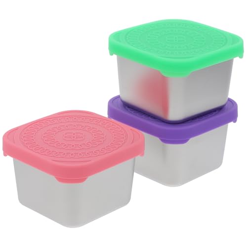 HIAKDOFT Juego de 3 Recipientes Cuadrados para Salsas con Tapa Acero Inoxidable Colores Rosa Púrpura y Verde Portátiles para Condimentos Loncheras Picnics y Barbacoas