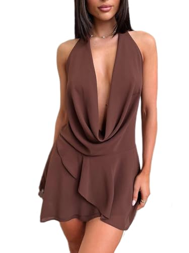 Image of Women Halter V Neck Mini Dress Sexy Sleeveless Backless Slim Fit Party Club Short Dress Y2K Beach Sundress