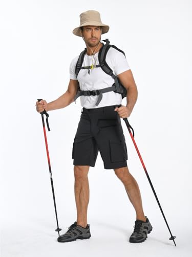 Hiauspor Shorts Herren, Sommer Leichte Schnelltrocknend mit 5 Taschen Cargo Bermuda Wanderhose Sport Chino Trekking Outdoor MTB Hose Männer Kurz Atmungsaktiv Stretch (Schwarz, L)