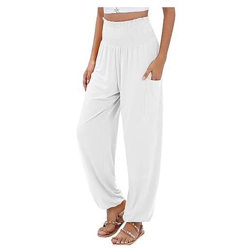 Sarouel de yoga en coton pour femme - Taille haute - Style hippie décontracté - Jambe droite - Palazzo - Confortable - Style bohème - Pour la plage, le génie indien - Avec poches, blanc, M