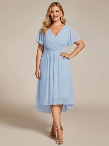 Image of Ever-Pretty Plus Summer Short Sleeves V-Neck Formal Wedding Guest Dresses for Curvy Women Chiffon Midi Cocktail Party Dress