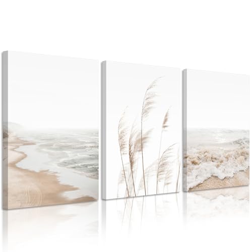 Joocrise Beach Wall Art Boho Prints Coastal Canvas Wall Art Beach Pictures Pampas Grass Ocean Poster Plant Landscape Scene Artwork for Living Room Bedroom Decor 24x36x3 Inch Wrapped Canvas