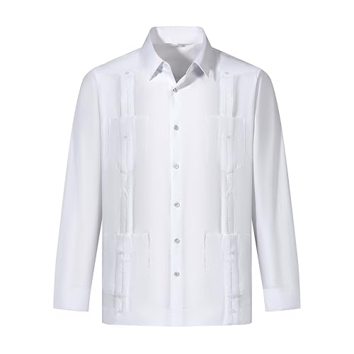 Men's Long Sleeve Guayabera Shirt Cuban Cotton Snap Button Shirt with Casual Wear