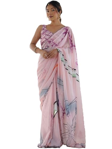 Image of Panzora Women's Chinon Printed Saree With Unstitched Blouse Piece