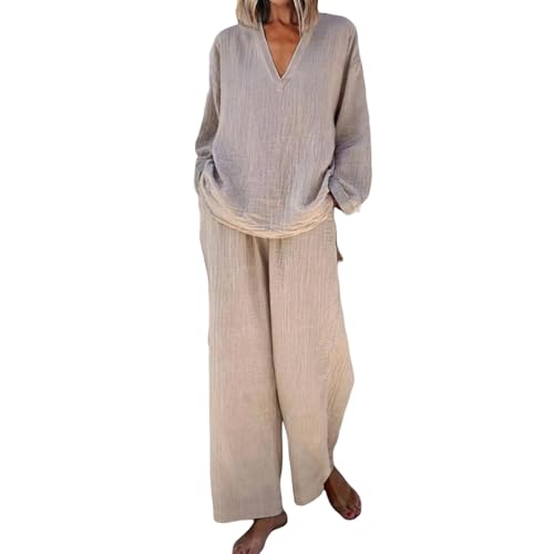 Linen Sets for Women Long Sleeve Shirts & Wide Leg