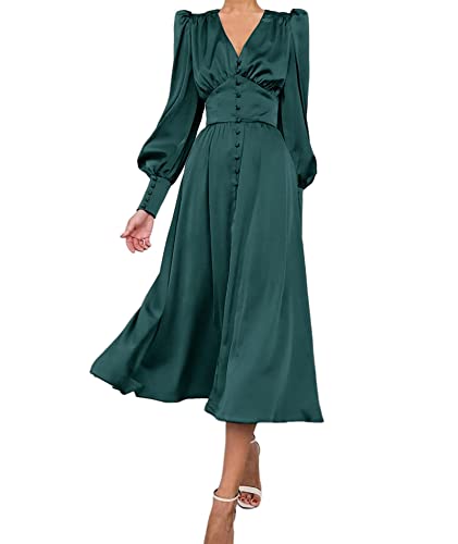 xxxiticat Vestido midi de satén para mujer, manga larga, vintage, mangas abullonadas, con volantes, un solo pecho, con botones, monocolor, verde oscuro, XS