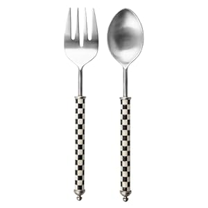 MACKENZIE-CHILDS Supper Club Salad Serving Set, Fork and Spoon Salad Servers, Decorative Kitchen Serving Utensils, Black-and-White Courtly Check