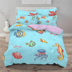Housse de couette 90x190 poisson bleu avec sa taie d'oreiller 65x65 pour lit enfant 1 place