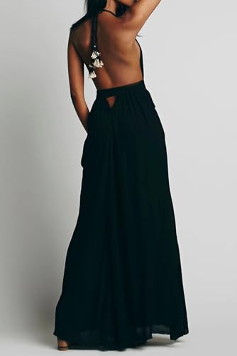 Image of R.Vivimos Boho Maxi Dresses for Women 2026 Summer Sleeveless Halter Elastic Waist Sexy Backless Front Slit Flowy Long Dresses