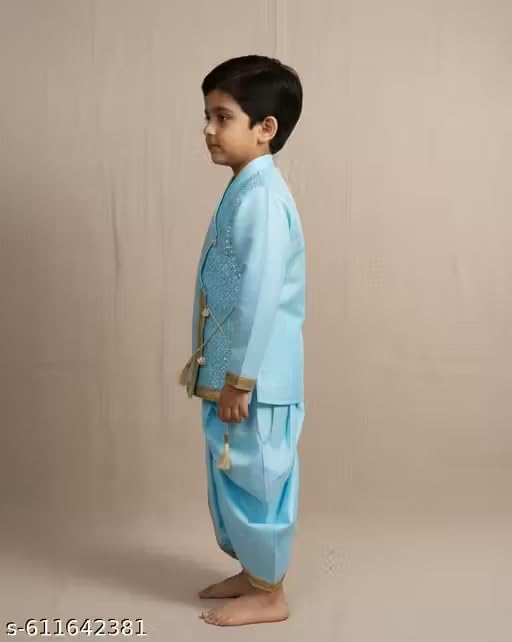 Image of Boys Ethnic wear Cotton Sequined Punjabi set | Stylish and Perfect Indian Outfit for kids-Yellow|Boys ethnic set