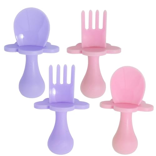 Image of Grabease Baby Feeding Utensils Set - Infant and Baby Fork and Weaning Spoon for Ages 1-11 Months, BPAs and Phthalate-Free Cutlery, 2 Sets, Blush and Lavender
