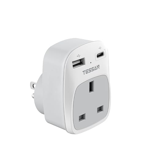 TESSAN UK to US Plug Adapter, UK Plug Adapter with AC Outlet 2 USB Ports, Type G Power Outlet Adaptor Ireland Singapore Hongkong to Type B USA Travel Adaptor
