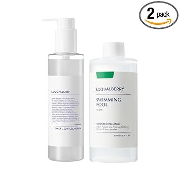 EQQUALBERRY Swimming Pool Toner & Daily Glow Gel Cleanser Set | Exfoliating Toner with Pretease for Sensitive Skin | Deep Hydrating & Moisturizing | Korean Skincare | EWG Green